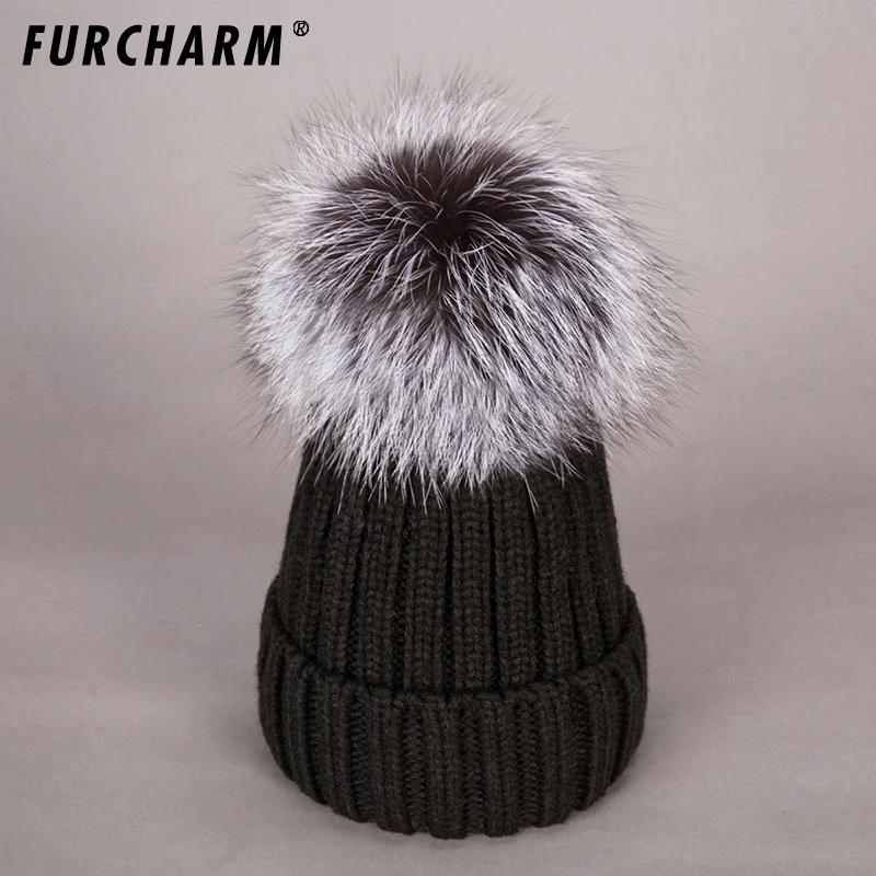 Осень зима шапочка мех шапка вязаная шерстяная с мехом черно бурой лисы меховым