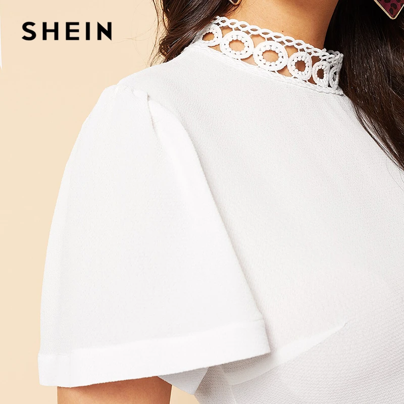 SHEIN модный топ с рукавами-крылышками и кружевной вставкой, элегантный однотонный топ с воротником-стойкой, летние женские блузки с коротким рукавом