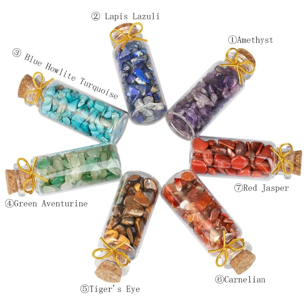 TUMBEELLUWA 1Lot (7Pc) Mini Wish Bottles Tumbled Stones Chips Healing Crystal Reiki Wicca Stones Set