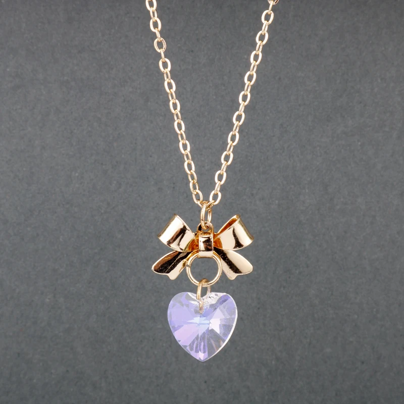 

Fashion Cute Bowknot Rhinestone Heart Pendant Women Chain Necklace Accessories Soft Bow Series Glass Gem Necklaces & Pendants