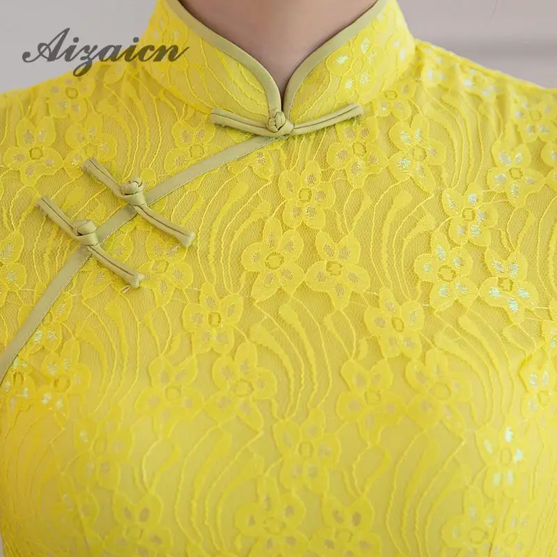 Высокое качество современные Кружева Cheongsam Длинные Сексуальные платья Qipao желтые элегантные китайские традиционные платья восточные свадебные платья