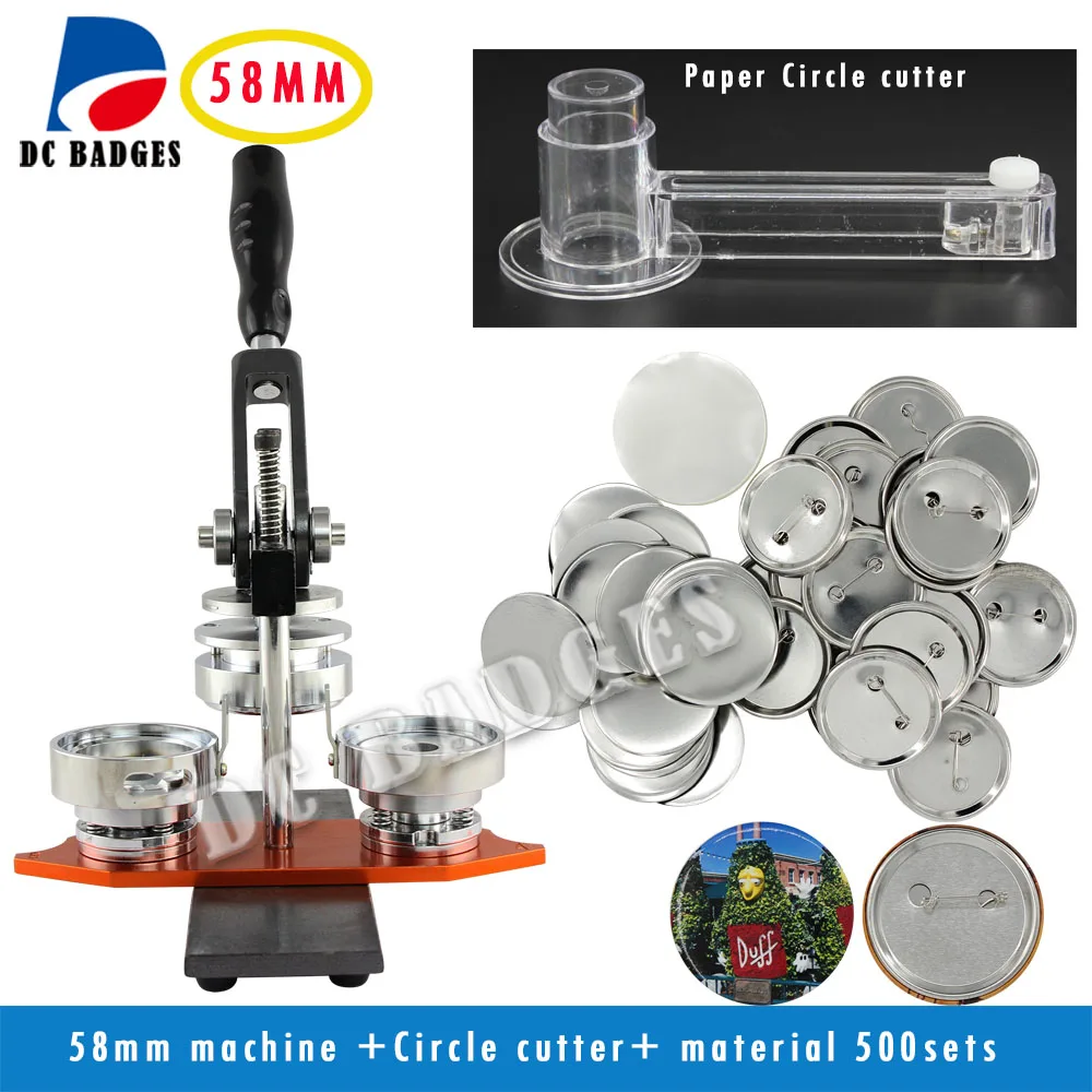 

Free Shipping High Quality 2-1/4" 58mm Badge Button Maker Machine +Circle Cutter+500 Sets Metal Pinback Supplies