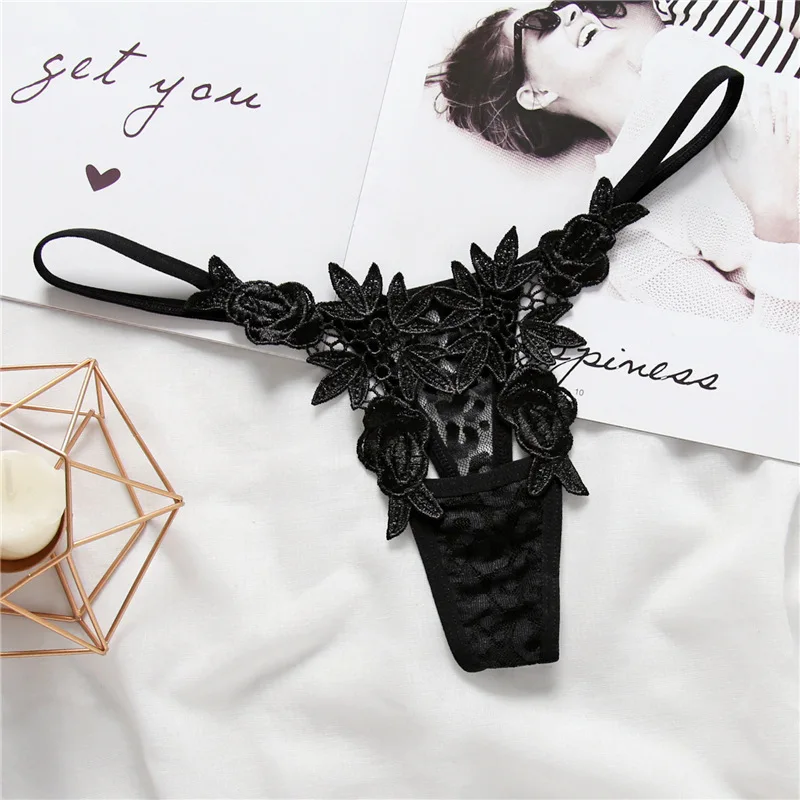 AIIOU Sexy Women Lace Black Thong G String Panties Female Underwear Low Waist Embroidery Thongs Nightwear Erotic Pants Underwear