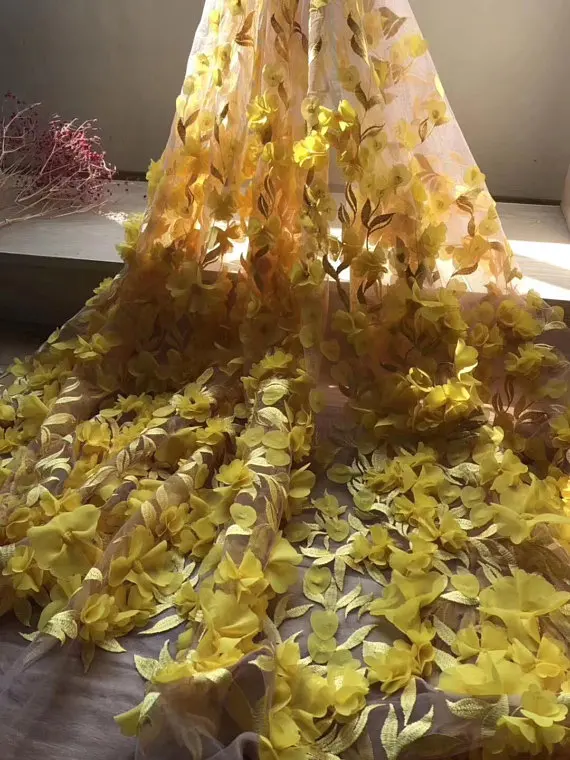 1 ярд персиково-розовая 3d кружевная ткань с 3d шифоновыми цветочками, французская Высокая мода, тяжелая кружевная ткань ручной работы с цветами