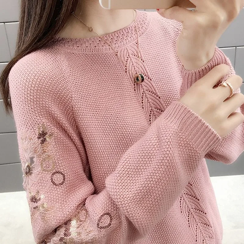 

Pullover Sweater Woman 2019 Autumn New Women's Loose Three-dimensional Flower Embroidery Sequin Sweaters Pullover Knit Coats