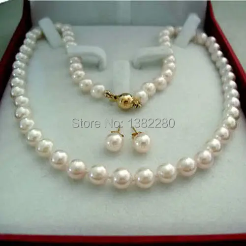 

New 8-9mm White pearl necklace earring set 18" women fashion DIY jewelry