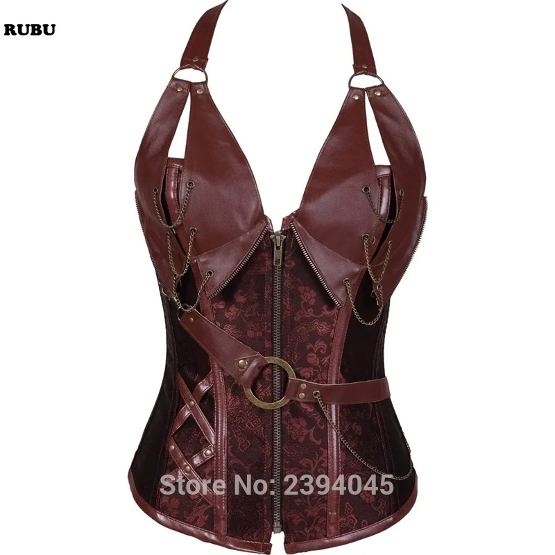 

Steampunk Corset brown/black Faux Leather Burlesque Clubwear Lace up Boned with Chains Gothic Clothing Plus Size S-6XL