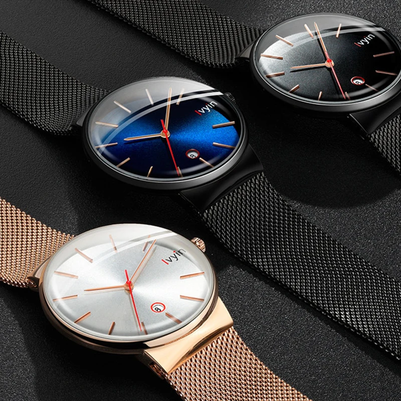 LVYIN Special 2.5D Convex Glass Quartz Watch Men Steel Mesh Watches Calendar Wrist Simple Blue Business Analog LY021 | Наручные часы