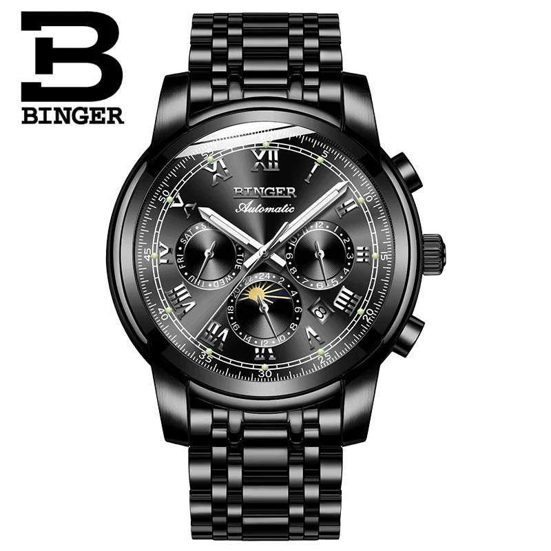 Luxury Watch Men Black Stainless Steel Automatic Mechanical Waterproof Multifunction relogio masculino Luminous Calendar|calendar|calendar