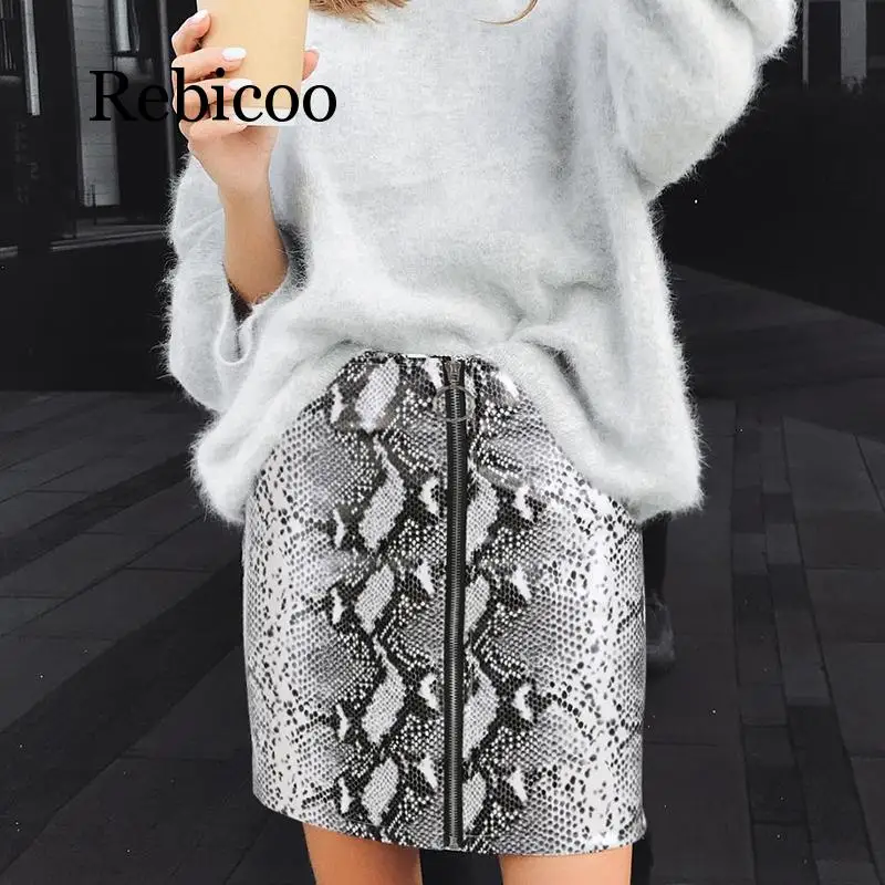 White Snake Print Leather Skirt Streetwear 2019 Mini Skirts Womens High Waist | Женская одежда