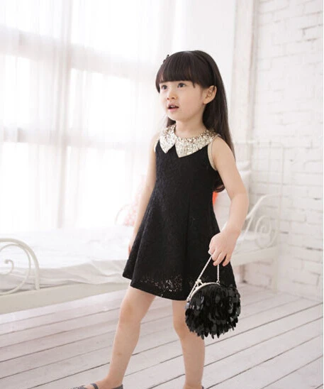 2020 Summer Baby Girls Dress Child Sleeveless Lace Paillette Turn-Down Collar Princess Kid School Perform | Детская одежда и обувь