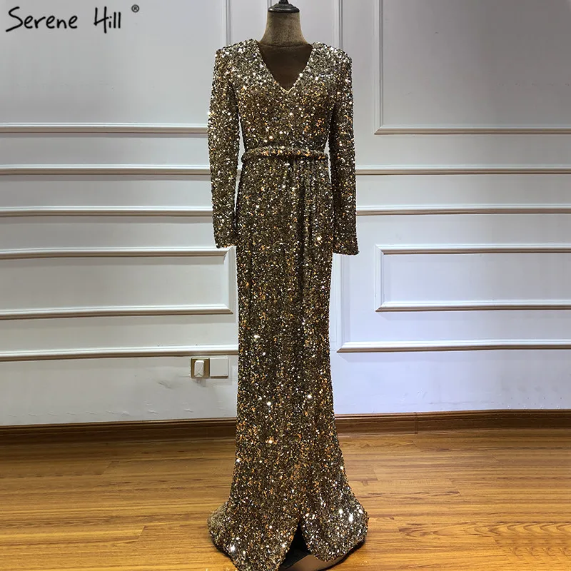 Dubai Luxury Gold Long Sleeves Latest Evening Gown Designs 2021 Beading Sequined Real Photo LA60769 | Свадьбы и торжества