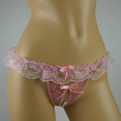 Linght Pink Женские трусики с открытой промежностью, сексуальные стринги, кружевные, жемчужные, верности, трусики с бантом, с вырезами, эротическое нижнее белье, стринги, сексуальные Танга - Цвет: Linght Pink