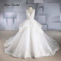 rosabridal ball gown wedding dress sleeveless deep o neck beading lace appliques embroidery open back bridal gown with tail