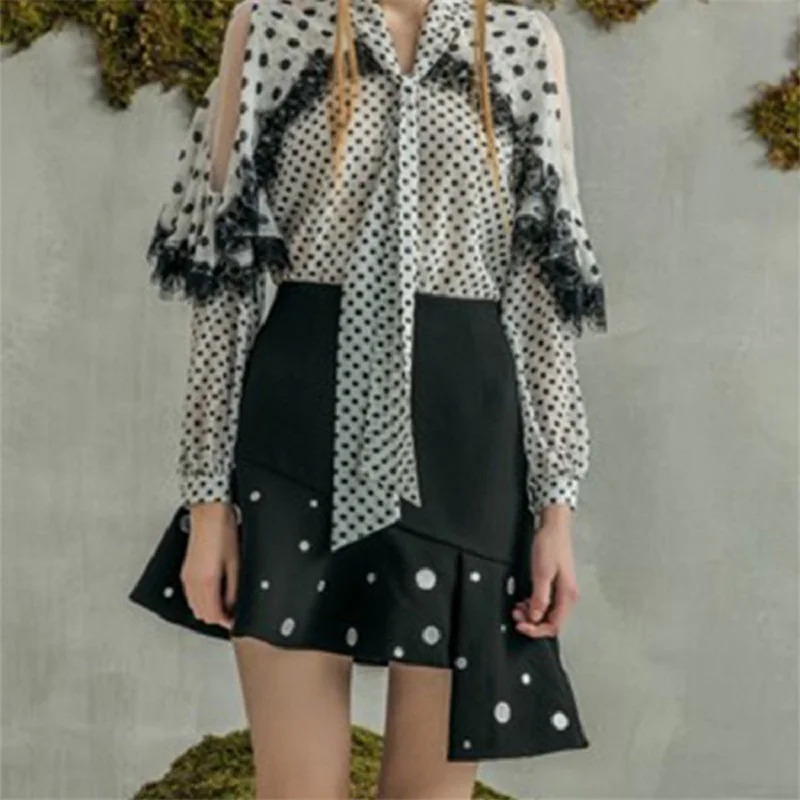 2019 Summer High Quality Dot Lace Patchwork Blouse Asymmetrical Mini Skirt Set Hollow Out Sexy Chic Shirt Party Clothes | Женская одежда