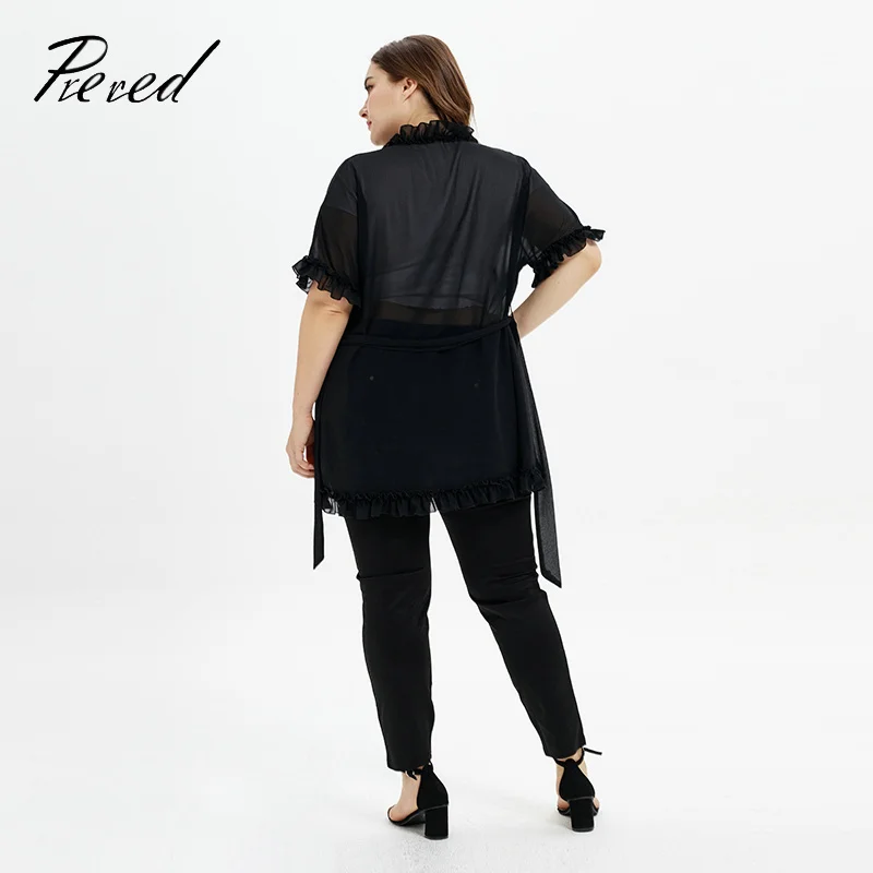 Women's Shirt Summer Female Plus Size Solid Color Hoody Clothing Sexy Chiffon Blouse Can Tie Ruffled Cardigan |