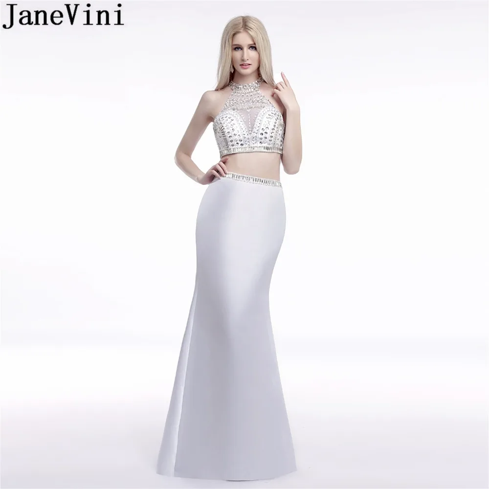 

JaneVini Sexy White Mermaid Bridesmaid Dress With Silver Crystal High Neck 2 Pieces Long Prom Dresses Luxury Sequins Party Gown