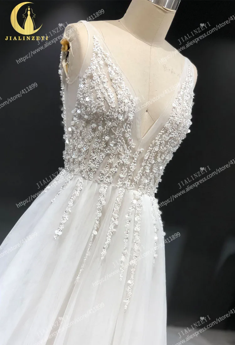 Rhine Sexy Deep V Neck Beads Sequins and Crystal Slit Tulle V back Fashion New Arrival Real Picture Wedding dresses