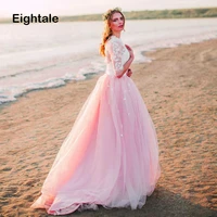 eightale pink boho wedding dress 2019 o neck a line wedding gowns tulle appliques lace backless long sleeves beach bridal dress