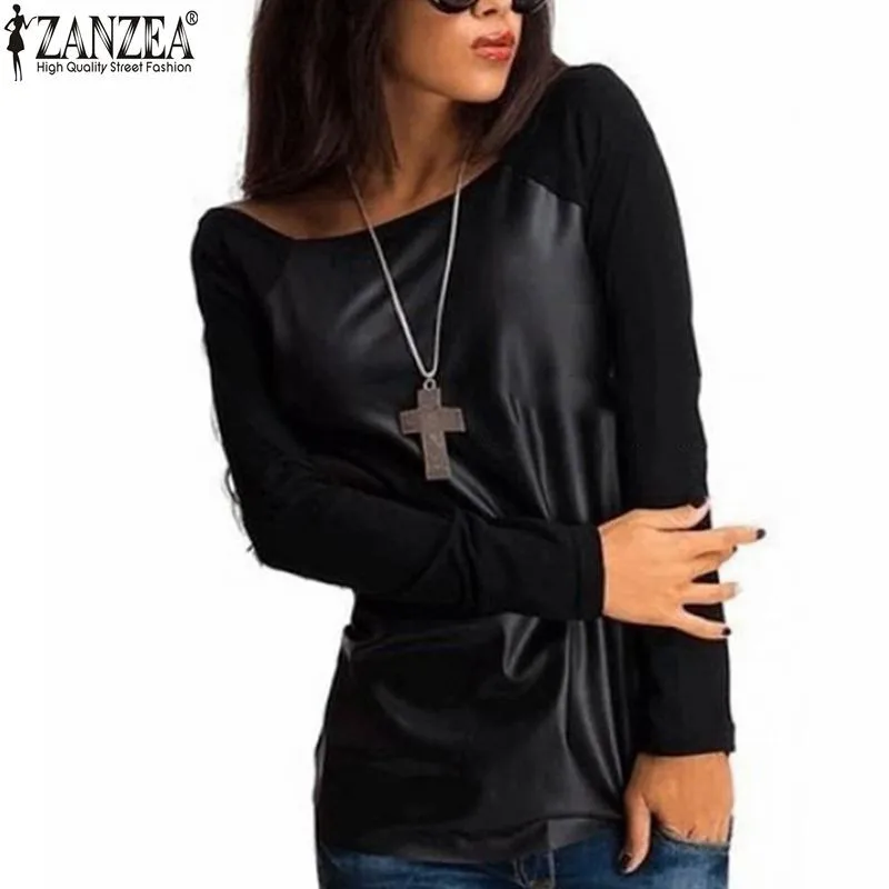 Женская блузка ZANZEA повседневная из искусственной кожи с длинным рукавом|shirt
