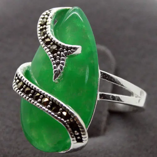 

10mmX20mm Green Jades Marcasite 925 Sterling Silver Ring Size 7/8/9/10