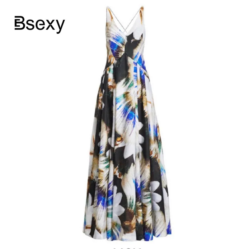Boho Chic Women Flowery Print Sundress 2019 Sexy Deep V neck Cross Backless Long Beach Dress Spaghetti Strap Maxi HOliday | Женская