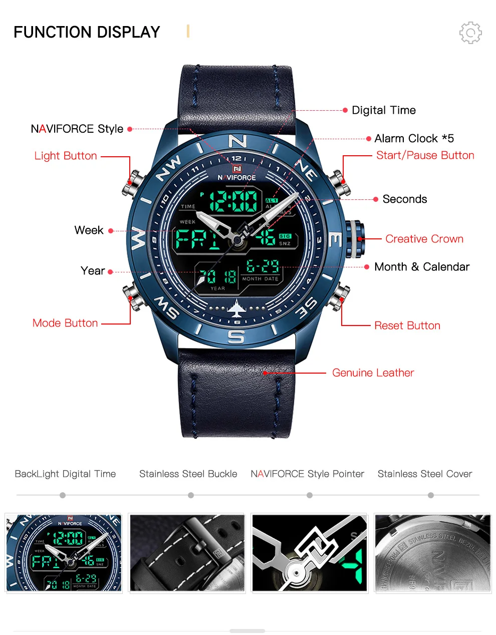 NAVIFORCE 9144 модные золотые мужские спортивные часы мужские s светодиодный аналоговые цифровые часы армейские военные кожаные кварцевые часы Relogio Masculino