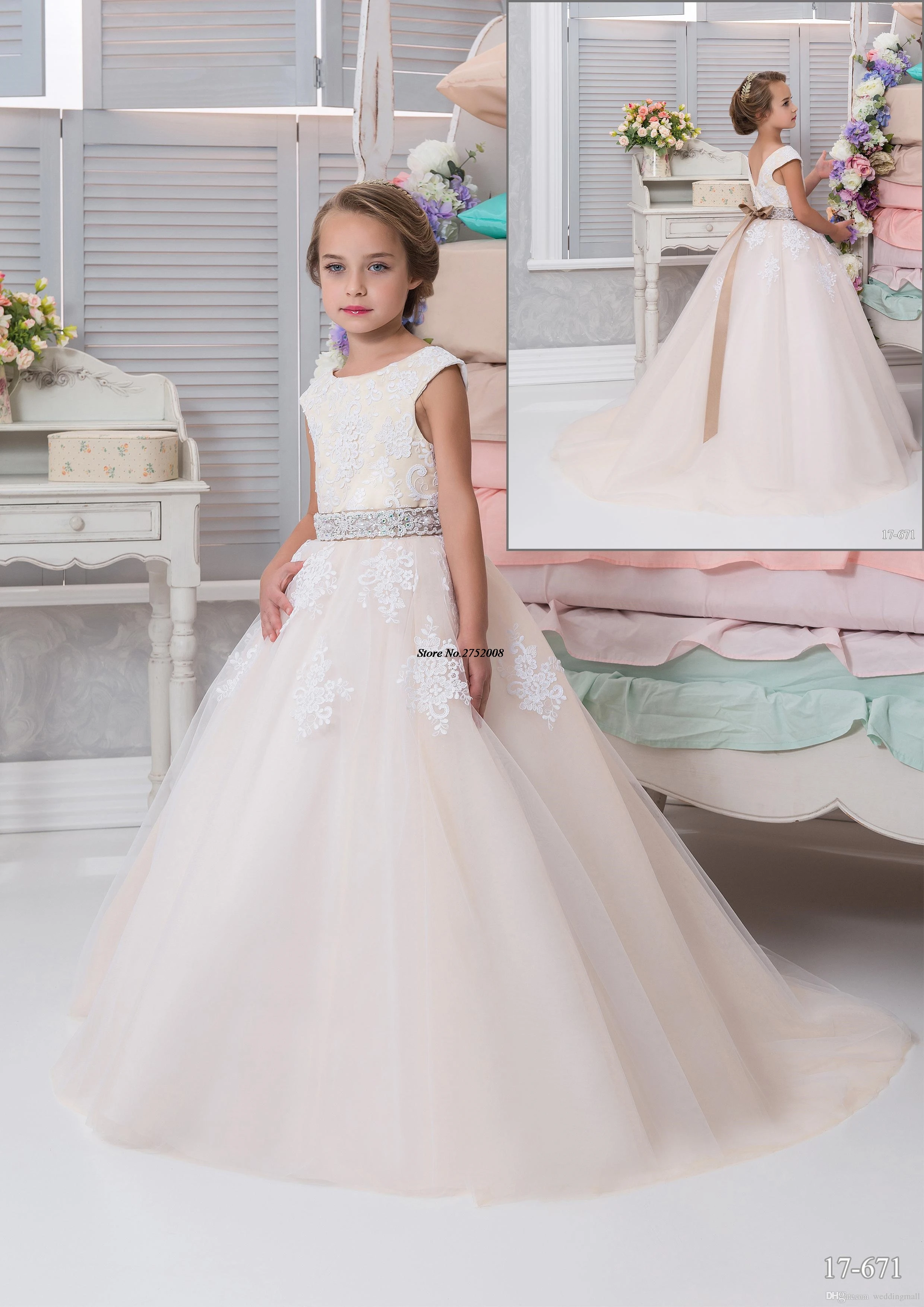 Дешевые Кружева Арабский 2017 Розовый Цветок Девочки Платья для Свадеб Бальное