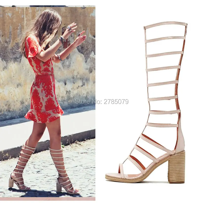 Summer style fashion open toe gladiator sandals thick high heels genuine leather knee sandal boots woman shoes size 35-40 | Обувь