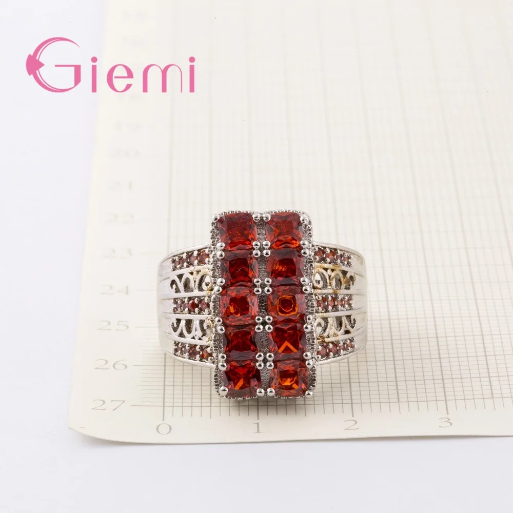 

Fashion Wide Verge Women Female Party Jewelry 925 Sterling Silver Geometric Lace Ring With Full Fine Red Crystal