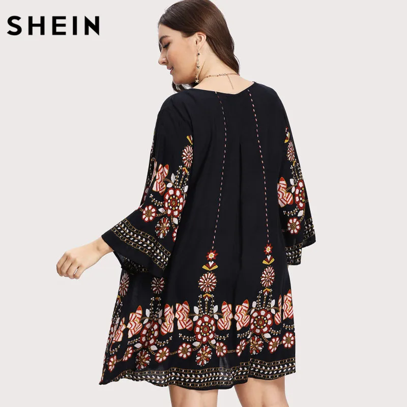 SHEIN Модное Платье С Цветочным Принтом Размера Плюс, Платье-Туника С Этническим Принтом И Длинным Рукавом