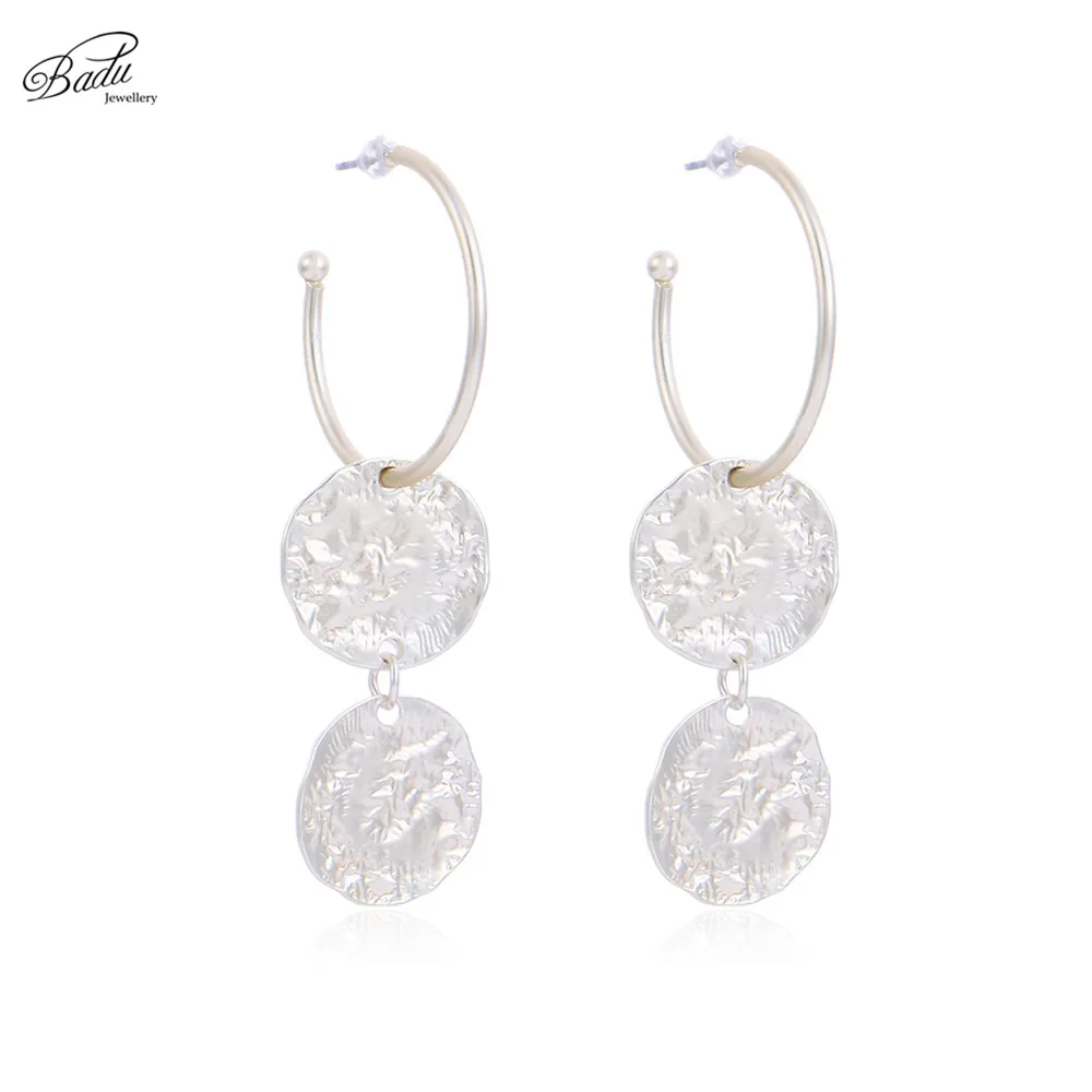 Badu Silver Hoop Earring Women Vintage Hammered Metallic Earrings Punk Style Fashion Jewelry Champagne Color Wholesale - Окраска металла: Champagne