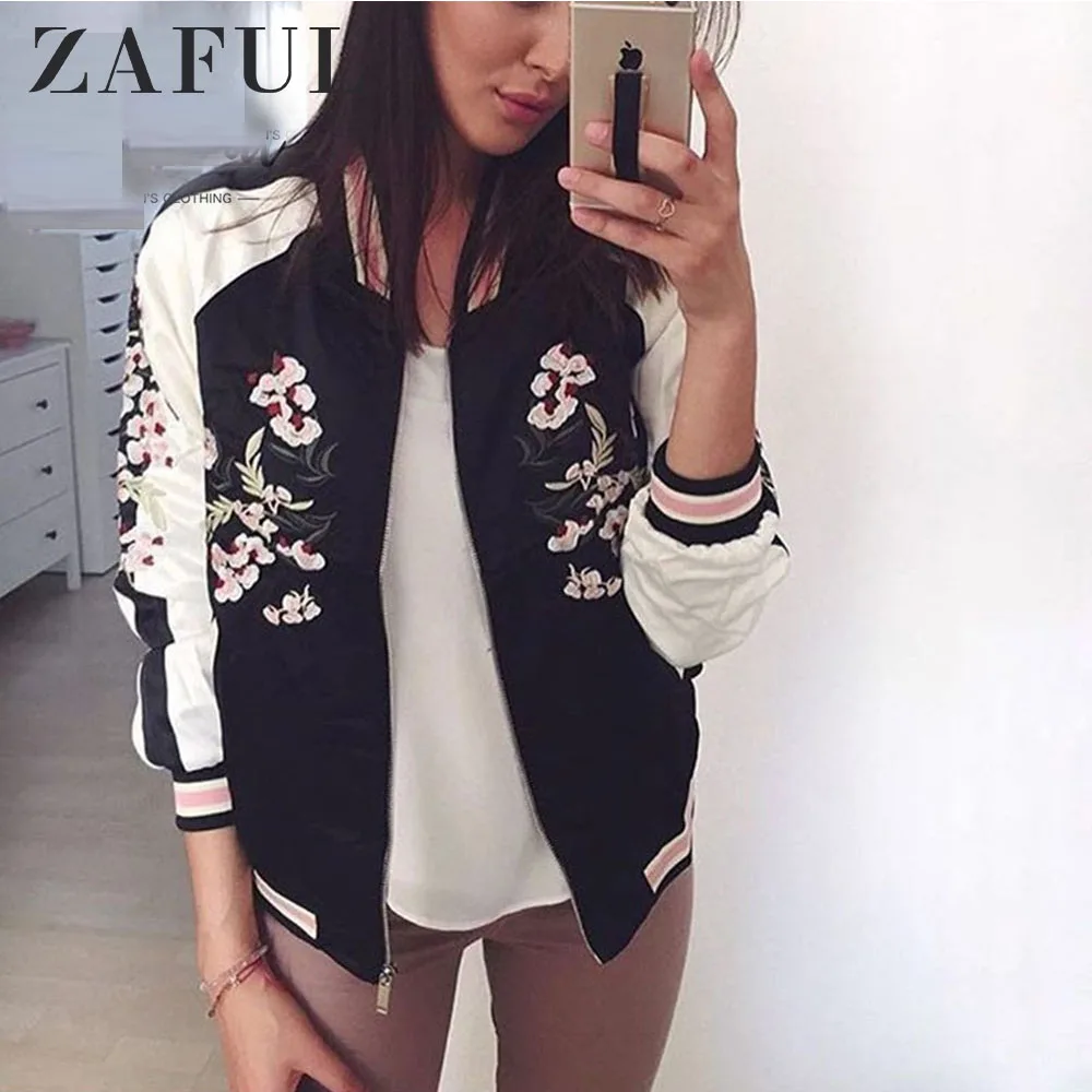 ZAFUL Двусторонняя куртка пальто с цветочной вышивкой бомбер Женская Осенняя