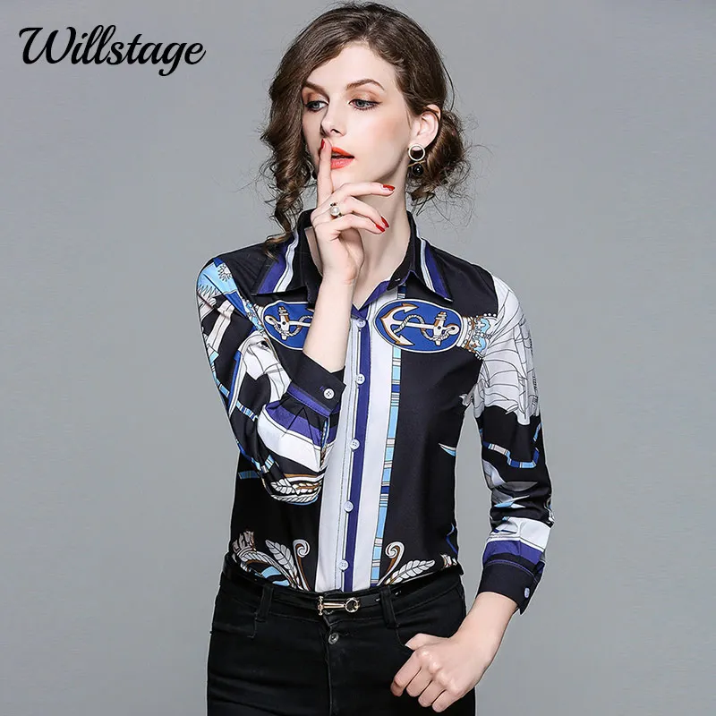 

Willstage 2019 New Spring Autumn Blouse for Women Long Sleeves Office Work Wear Printed Chiffon Shirt OL Lady Casual Blusas
