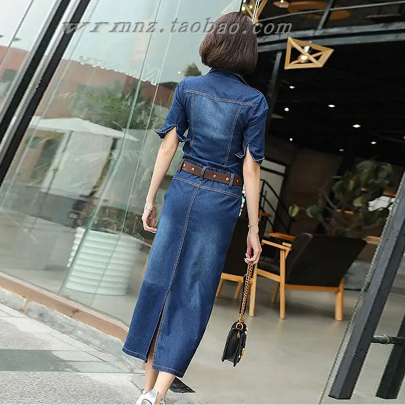 2019 Women Denim Dress Half sleeve With Belt Package Hip Blue Jean Spring Fashion Pencil Hot Sell Cowboy Female G231 | Женская одежда