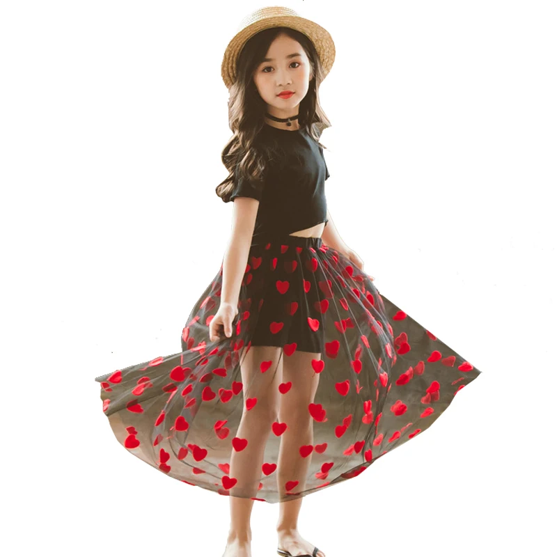 Юбка для девочек с вышивкой и узором в виде сердечек Подростковая длинная