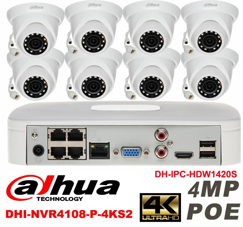 

Dahua original 8CH 4MP H2.64 DH-IPC-HDW1420S 8pcs onvif Network camera POE DAHUA DHI-NVR4108-P-4KS2 Dome IP security camera kit