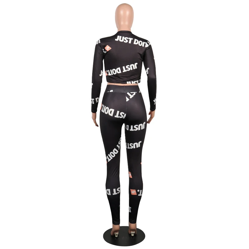 Letter Printed Sexy 2 Piece Set Autumn Long Sleeve Crop Top And Skinny Full Length Pants Women Black Casual Outfits GRNSHTS