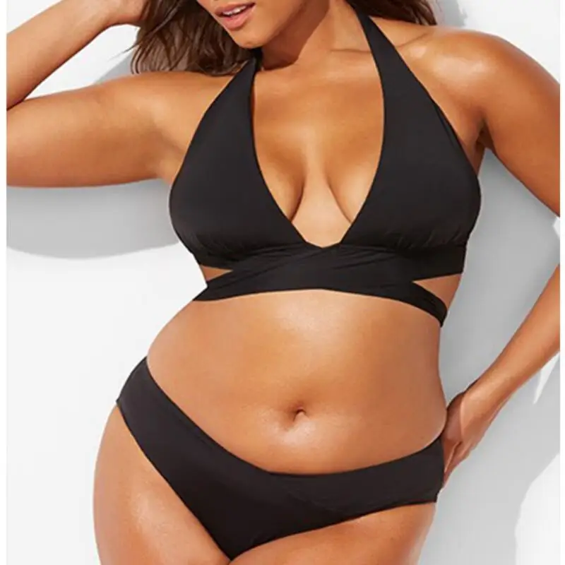 Черный бикини плюс размер купальник женский сексуальный однотонный пляжный