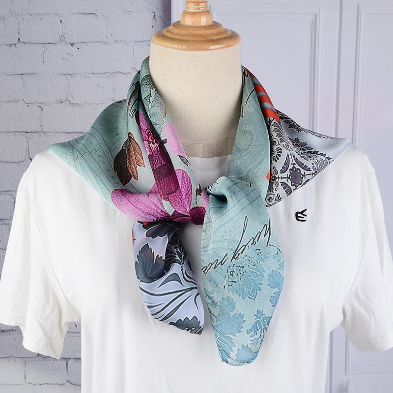 Женский Шелковый платок на голову с цветочным принтом и бабочкой весна 2019 |