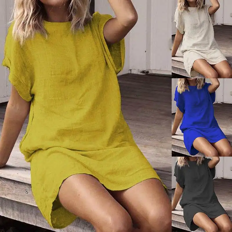2021 Summer Dress ZANZEA Women Short Sleeve Shirt Dresses Beach Sundress Vintage Long Tunic Mini Vestidos Casual Robe | Женская одежда