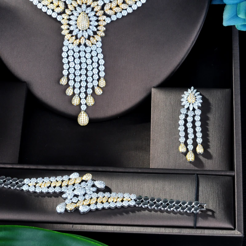 ?? HIBRIDE ビッグ 4 本フルマイクロキュービックジルコニア女性ウェディングドレスチョーカーネックレスイヤリングジュエリーセットウェディング N-863