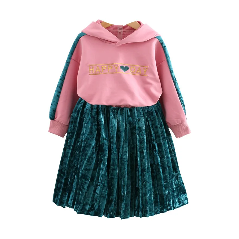 2018 New Kids Girls Hoodies Sweatshirt Top+ Velvet Pleated long Dress Children girls Clothing Set Casual Fashion 2pcs set | Детская