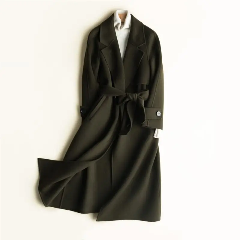 New Autumn Winter Pure Handmade Cashmere Coat Women Trench Cardigan Double Faced Wool Jacket Ladies Solid Overcoat X28