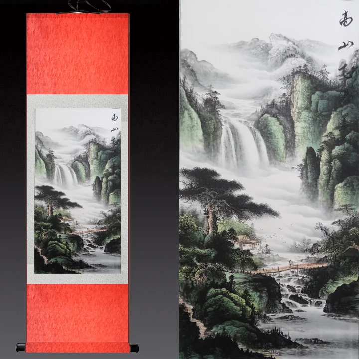 Альпийский водопад Zhaocai пейзаж Висячие свитки каллиграфия шелковая