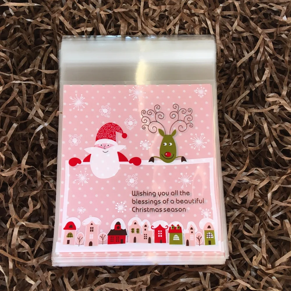 100 шт Розовый Санта Клаус и олень упаковка печенья пластиковые свадебные конфеты