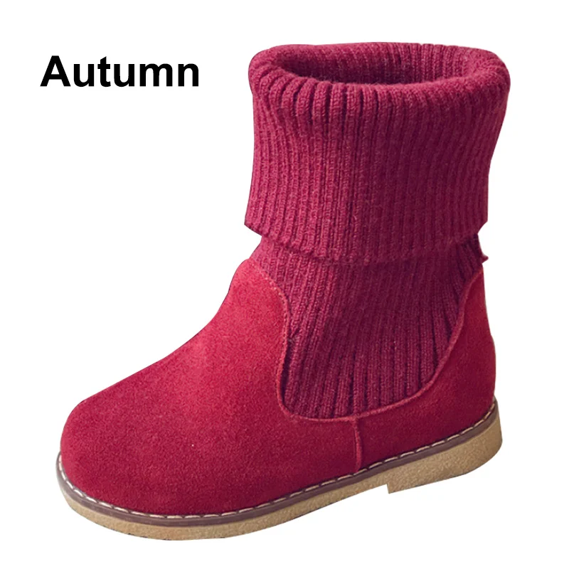 Red Autumn Складные ботинки для маленьких девочек; сезон осень-зима; детская обувь; теплые вязаные детские зимние ботинки; высокие детские ботинки принцессы - Цвет: Red Autumn