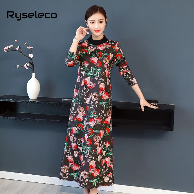 Women Vintage Turtleneck Floral Prints Long Sleeve Casual Basic Plus size Dress Loose Winter Fleece Inner Oversize Dresses | Женская