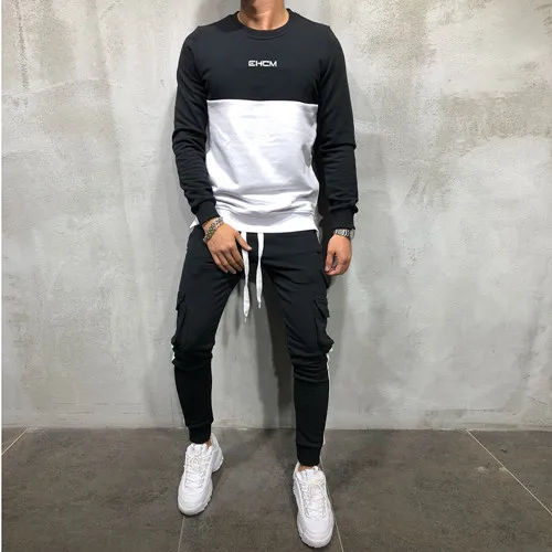 Black and white Новинка, спортивный костюм, мужские спортивные костюмы, набор из 2 предметов, мужской спортивный костюм для фитнеса, мужской спортивный костюм для бодибилдинга - Цвет: Black and white
