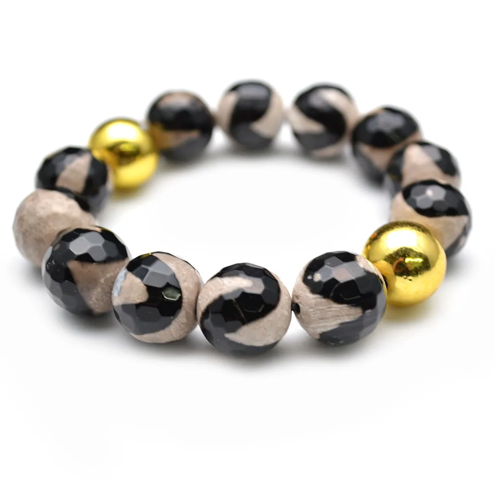 

Black DZI 14mm Round Faceted Stone Beads Man's Stretch Bracelet Fashion Jewelry Gift